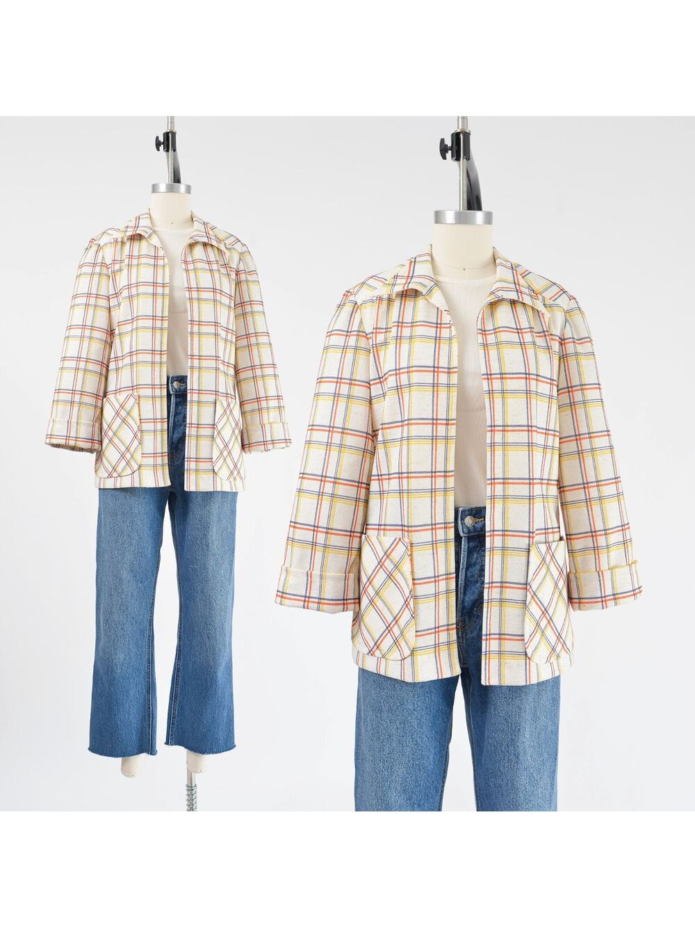 Vintage 70s White Plaid Retro Mod Open Front Jacket by Jeanne Durrell S M
